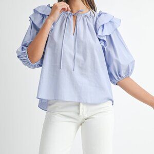 MABLE Stripe Ruffle Shoulder Puff Sleeve Blouse- NEW WITH TAGS!
